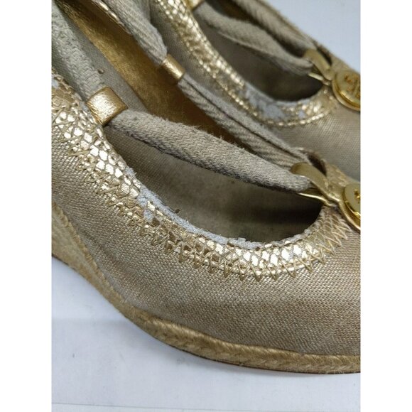 Tory Burch Brown Canvas Tie Wrap Espadrille Wedge Heels Size 9 FLAWED - Picture 6 of 16